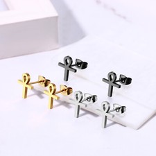 6pcs Men Women Ancient Egyptian Symbol Ankh Cross Studs Earrings Stainless Steel
