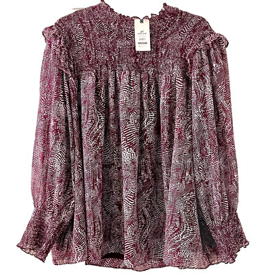 Terra & Sky Women's 4X Plus Size Smocked Babydoll High Neck Blouse Burgundy Boho