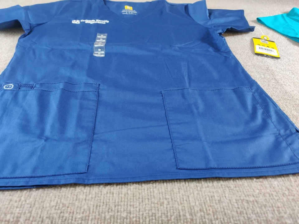 Lot of 2 Wonder Wink Womens V-Neck Scrub Top S Navy Blue Teal Business Logo NEW - Image 3 of 4