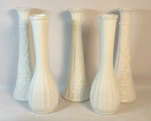 Lot of 5 Vtg Milk Glass Vases 3 Anchor Hocking 2 Other Stars Bud Vase Lot Retro