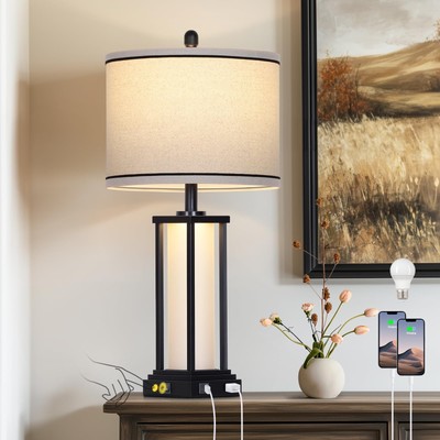 27'' Tall Vintage Table Lamp with USB +A & Outlet,Black Industrial End Table L...