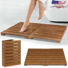 Teak Shower Mat Non-Slip Foldable Bathroom Floor Mat W/ Drainage Luxury Gift New
