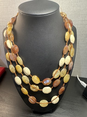 #ad VINTAGE MULTI STRAND FAUX STONE LUCITE BROWN NATURAL AND MILKY COLOR COSTUME $12.00