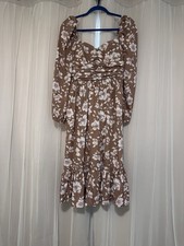 Brown Floral Midi A-Line Dress, Long Puff Sleeves, Ruffle Hem, Smocked
