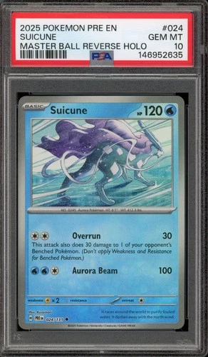 Pokemon Suicune Prismatic Evolutions Master Ball Reverse Holo #024 PSA 10