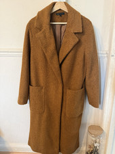 M&S Collection Brown Teddy Long Overcoat Size 12 Collared Lined Pockets Button