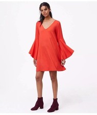 LOFT Hot Orange Swing Dress Boho Knit Long Flare Bell Sleeves Size L NWT