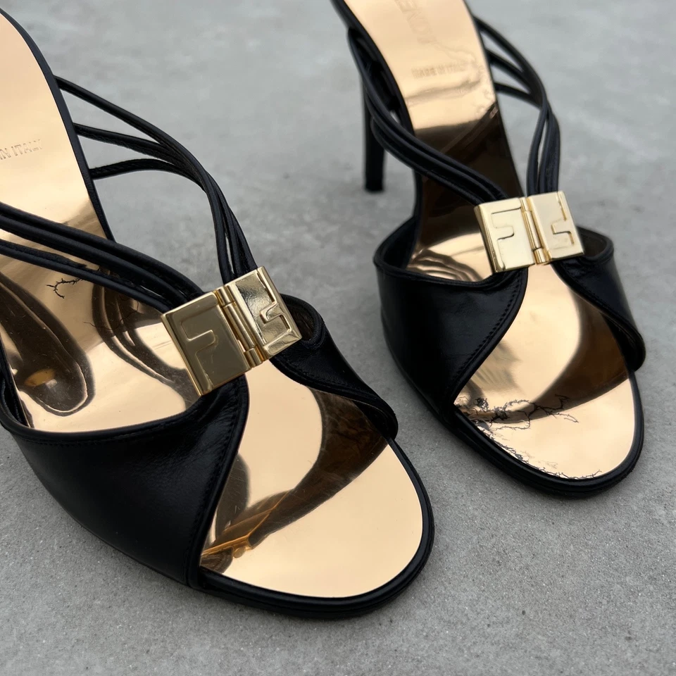 Fendi | Authentic Vintage Black Leather Gold Monogram Hardware Strappy Mules(35) - Image 4 of 4