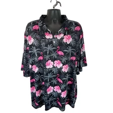 Obnoxious Golf Polo Shirt Tropical Flamingo Print Black Pink Size 4XL Geometric 