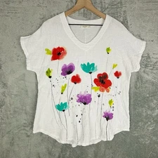 Jess & Jane Top Womens Large White Floral V-Neck Short Sleeve Gauzey Casual