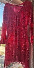 Babeyond 1920 Style Fringed Flapper Sequin Dress Large Hot Pink Long Sleeves