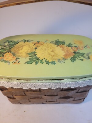 Mid Century Vintage Wicker Basket Sewing Purse Lunch Storage Decoupage Lid Mums