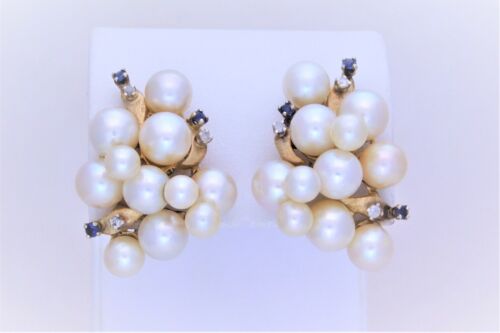 Vintage 14k Gold Pearl, Diamond, and Sapphire Cli… - image 1