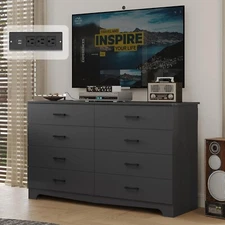 Black Dresser for Bedroom with Charging Station 10 Drawers Long Storage Cabinets