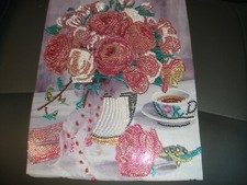 Vintage Bead Counted Bead Art Picture PINK FLOWERS TEA RUP ROSE 9.5"X12"