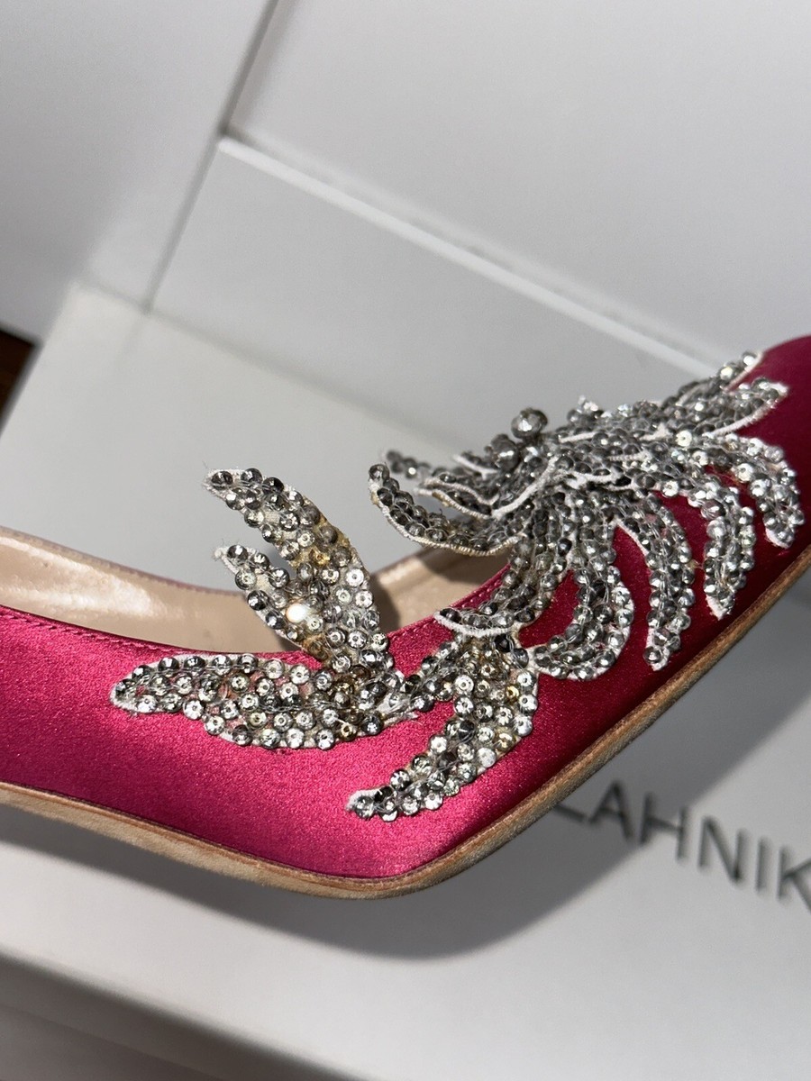 Manolo Blahnik Swan Cranberry Pink Satin Embellished Crystal Pumps