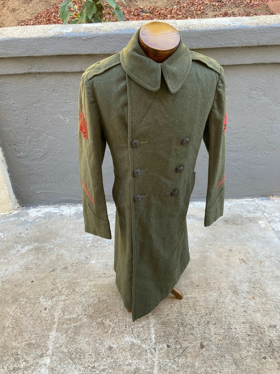 Vintage Marine Wool Long Trench Coat Buttons Jacket Size