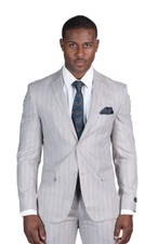Slim Fit 2 Button Mens Blazer Pinstripe Tan Blue Line Notch Lapel Jacket AZAR