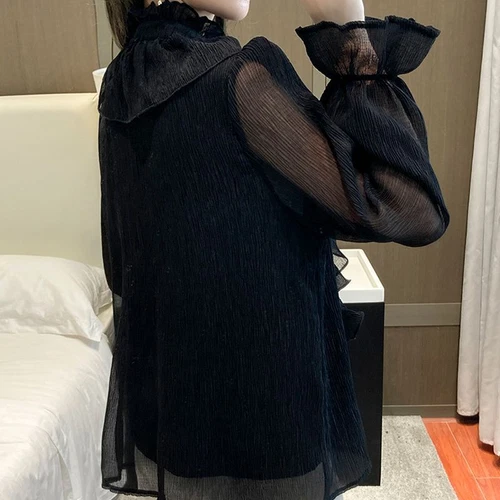 Blusa De Encaje Elegante Con Volantes Para Mujer Camisa De Gasa Con Cuello Alto- - Imagen 6 de 19