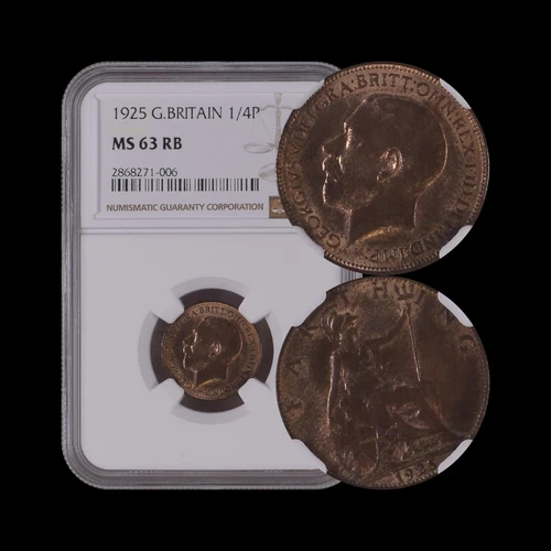 Great Britain. 1925, Farthing - NGC MS63 - KGV, Britannia, 1/4d