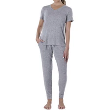 N NATORI 2 PC Gray Knit S/S TOP & JOGGER PANTS Lounge SET Womens Size LARGE NEW