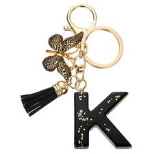 Initial Letter Keychains, Resin Cute Pendant with Butterfly  Tassel, Black-K