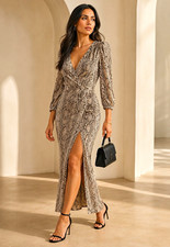 Reformation Beige/Brown Snake Animal Print Wrap Midi Dress V-Neck Puff M