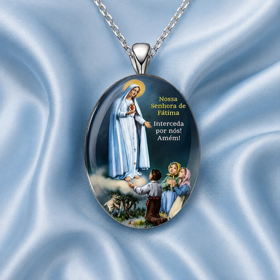 Silber Kuppel Set Dame von Fatima und Kinder Geheimnisse Portugal Neu Halskette Kette