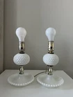 VTG Set 2 Milk Glass Hobnail Table Lamps W/Jewelry Trays 9.5” Electric