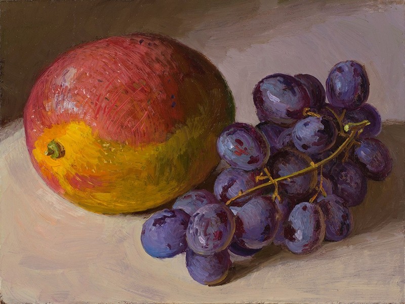 original oil painting still life realism grapes mango 8x6 inch, Wang Fine Art