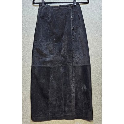 Global Identity GIII Skirt Sz 4 Black Suede Maxi Button Wrap Lined Patchwork VTG