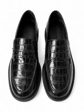Everlane Men's Black Croc Embossed Leather Slip-On Loafers Square Toe Sz 8