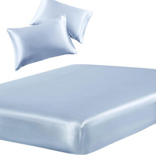 3-Piece Set Satin Queen Fitted Sheet 2 Pillowcase, Baby Blue