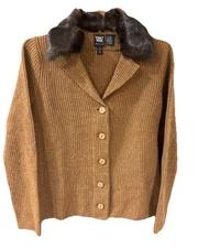WORTH Camel Brown Wool Knit Button Front Cardigan Swtr Detachable Fur Collar S