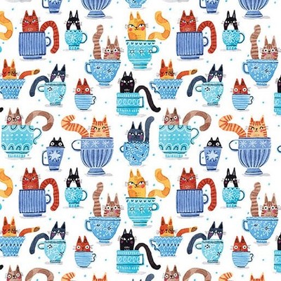 Feline Drive Fabric GARDEN CATS Teacup Cats Blue/Multi - Fat Quarter (18x22'') FQ