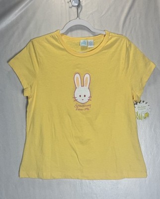 Vtg Y2K Womens Yellow Pastel Kitsch Sparkle Bunny Tee Somebunny Loves Me Sz XL