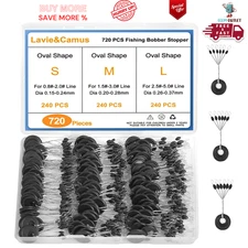 720PCS Fishing Bobber Stopper Kit, Oval Floats, Black Rubber, L M S Sizes USA