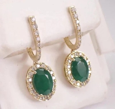Lab Created Emerald 4Ct Oval Cut Halo Drop/Dangle Earring 14K Yellow Gold Plated