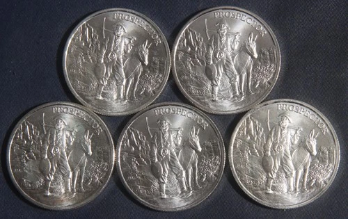 FIVE (5) PROSPECTOR DESIGN 1 OZ .999 SILVER ROUNDS ( 5 OZ TOTAL)  LOT 060436