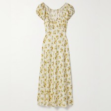 Doen Florencia Silk Short Puff Sleeve Midi Dress Yellow Gold Frolicking Floral