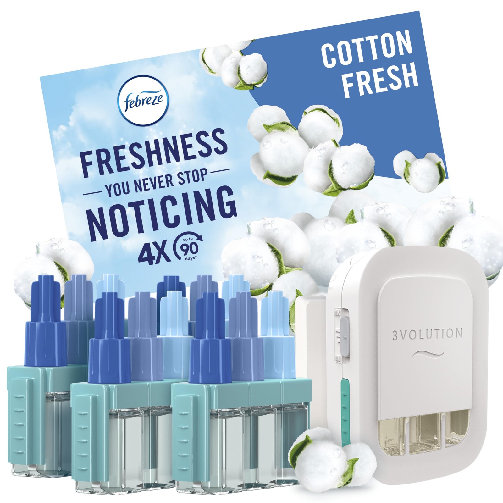 Febreze Ambi Pur 3Volution Air Freshener Plug-In Diffuser Refill Starter Kit, Odour Eliminator, Cotton Fresh, 80 Ml, (20 X 4) - Image 3