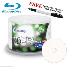 50 Smartbuy BD-R 6X 25GB White Inkjet Printable Disc + Black Permanent Marker