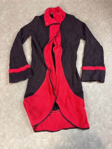 Alice + Olivia Womens Ruffle Long Knit Cardigan Sweater Black Red Wool Blend