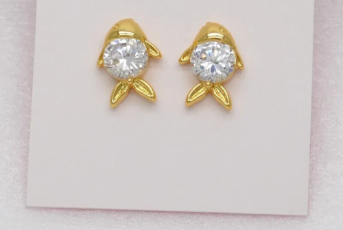 1Ct Round Cut Lab-Created Diamond Women Fish Stud Earring 14k Yellow Gold Plated - Picture 1 of 2