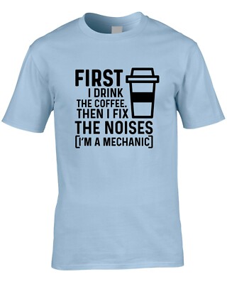 Mechaniker trinken Kaffee reparieren Geräusche Herren T-Shirt Geschenk lustig Garage Auto Motorrad 