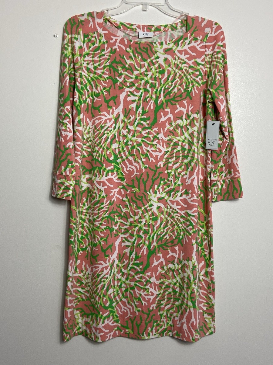 Crown & Ivy 3/4 sleeve stretch shift dress coral print SZ Small-pink green white | eBay Crown & Ivy 3/4 sleeve stretch shift dress coral print SZ Small-pink green white | eBay