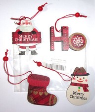  4 wooden Buffalo Plaid Christmas ornaments HO stocking snowman Santa