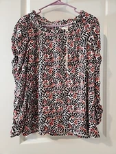 Max Studio Black White Red Floral Long Sleeve Women's Sz Large Scrunch Sleeve