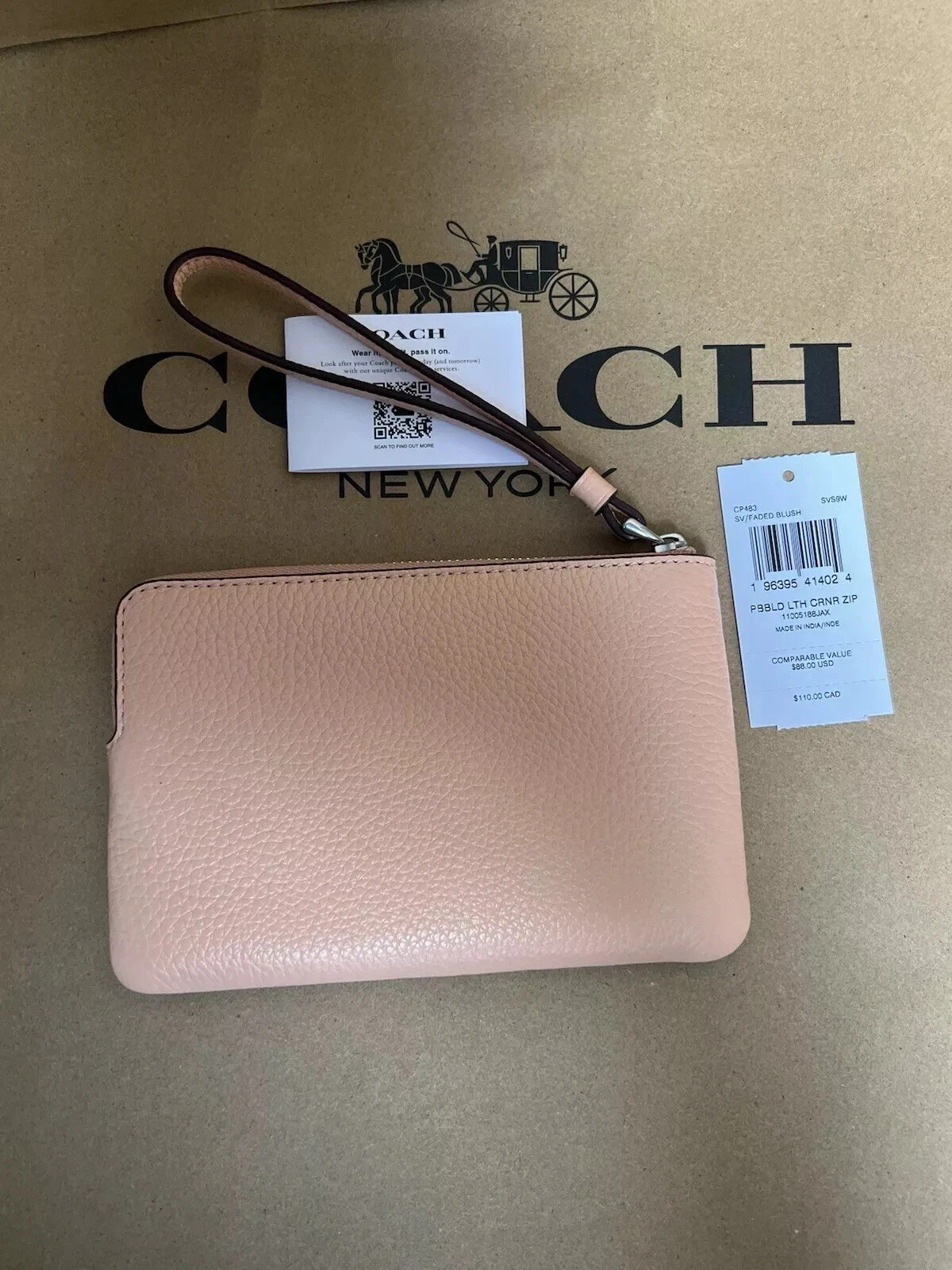 ? Bracciale Coach con zip angolare pelle di ciottoli sbiadita blush (pesca) nuovo con etichette CP483 ?