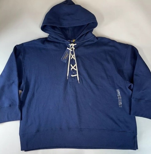 NWT Polo Ralph Lauren Women's Oversized XS/S Blue Lace-up Fleece Hoodie Pullover - Picture 6 of 10